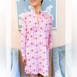 Livro Kurta Pattern Pink Indian Cotton Midi Day Shirt Dress Long Sleeve XS-Med